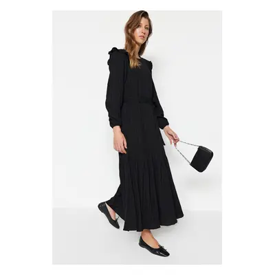 Trendyol Black Belted Ruffled Shoulder Skirt Flounced Lined Viscose Blend Woven Dress