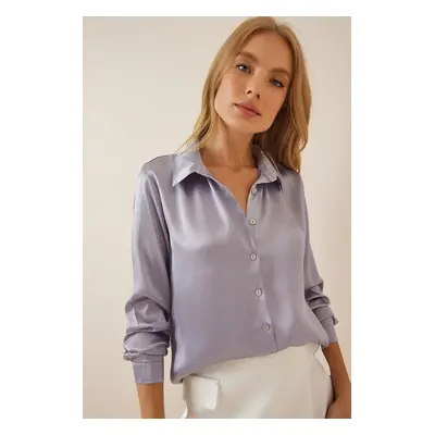 Happiness İstanbul Women's Gray Lightly Draped Satin Surface Shirt