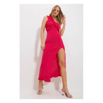 Trend Alaçatı Stili Women's Fuchsia One-Shoulder Neck Draped Slit Buzzy Evening Dress