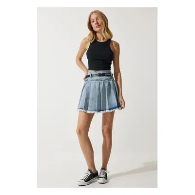 Happiness İstanbul Women's Light Blue Belted Pleated Mini Denim Skirt