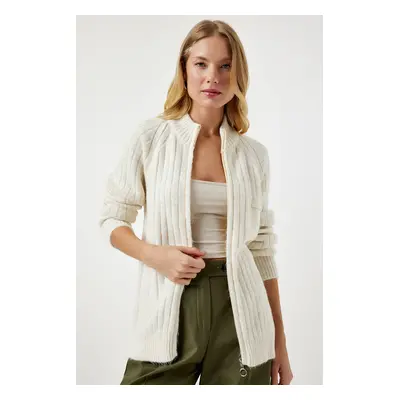 Happiness İstanbul Women's Cream Zippered Knitwear Cardigan