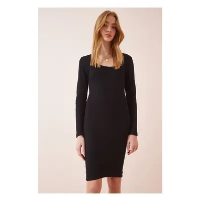 Happiness İstanbul Women's Black Square Collar Lycra Corded Knitted Dress