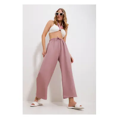 Trend Alaçatı Stili Women's Powder Pink Elastic Waist Wide Leg Loose Woven Trousers