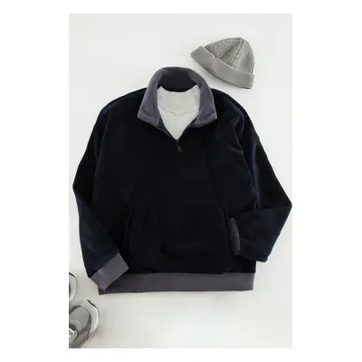 Trendyol Navy Blue Oversize/Wide Cut Stand Collar Color Block Anti-Pilling Polar Fleece Sweatshi