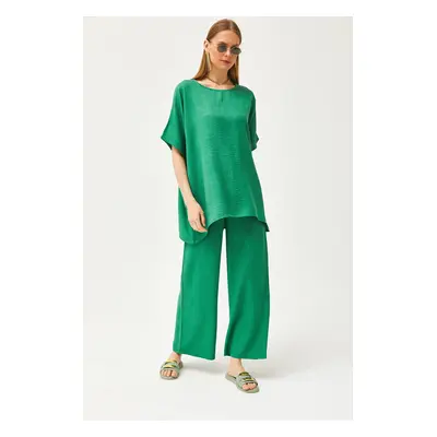 Olalook Women's Green Top Loose Blouse Bottom Pocket Palazzo Linen Content Suit