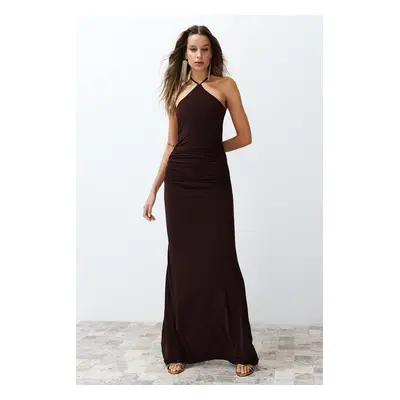 Trendyol Brown Fitted Knitted Long Elegant Evening Dress