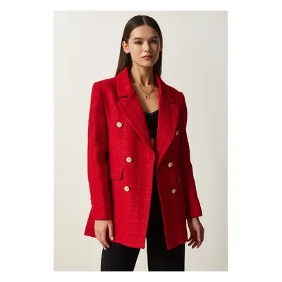 Happiness İstanbul Women's Red Buttoned Blazer Tweed Jacket