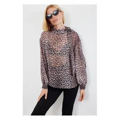 Trendyol Brown Leopard Patterned Chiffon High Collar Woven Blouse