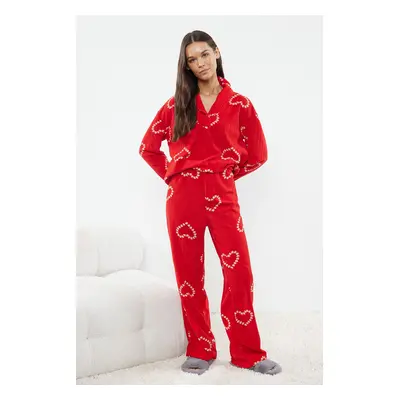 Trendyol Red Heart Fleece Winter Knitted Pajamas Set