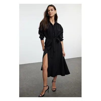 Trendyol Black Belted Striped Midi Woven Shirt Dress