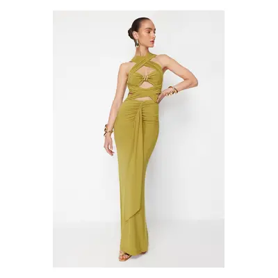 Trendyol X Zeynep Tosun Oil Green Cut Out Knitted Tie Detailed Evening Dress & Graduation Dress