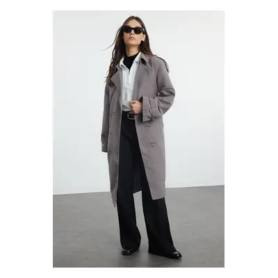 Trendyol Grey Oversize Belted Windbreaker Detailed Water Repellent Long Trench Coat