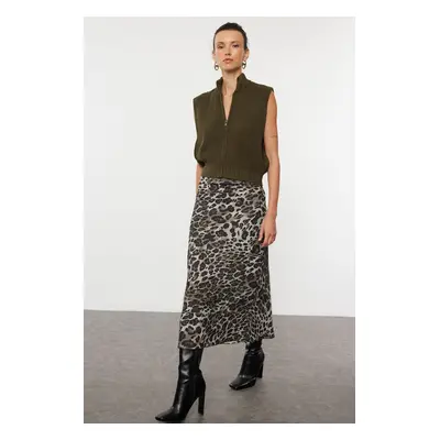 Trendyol Khaki Leopard Patterned Satin Midi Length Woven Skirt