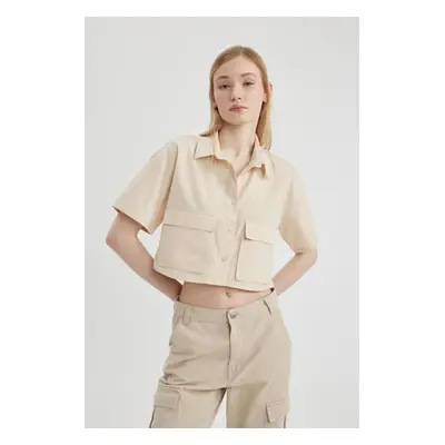 DEFACTO Coool Oversize Wide Fit Poplin Short Sleeve Crop Shirt