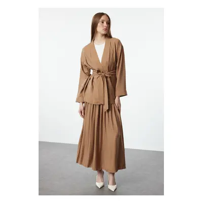 Trendyol Camel Belted Kimono-Pleated Skirt Woven Bottom-Top Set