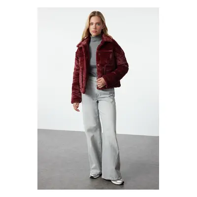 Trendyol Claret Red Oversize Quilted Detail Plush Coat