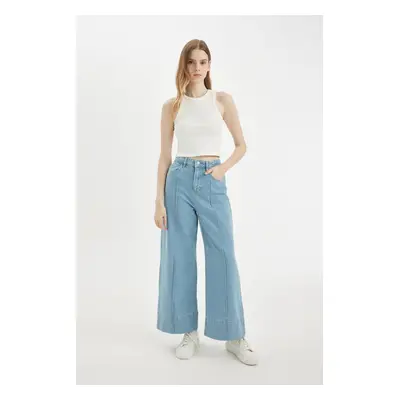 DEFACTO Short Wide Leg High Waist Ankle Length Jean Washed Trousers