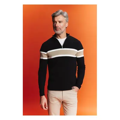 DEFACTO Black Standard Fit Regular Cut Stand Collar Zippered Striped Knitwear Sweater