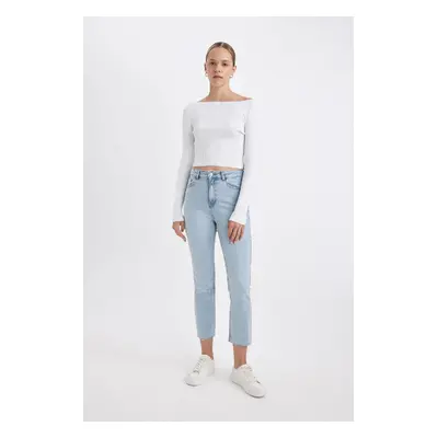 DEFACTO Mary Vintage Straight Fit High Waist Cut-Off Ankle Length Jean Washed Trousers