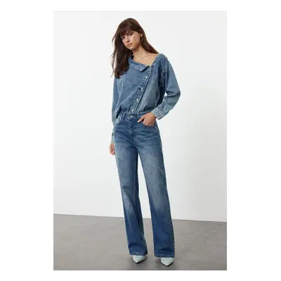 Trendyol Blue Stone Detailed High Waist Wide Leg Jeans