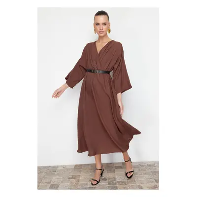 Trendyol Brown Belted A-line Double Breasted Collar Aerobin Midi Woven Dress