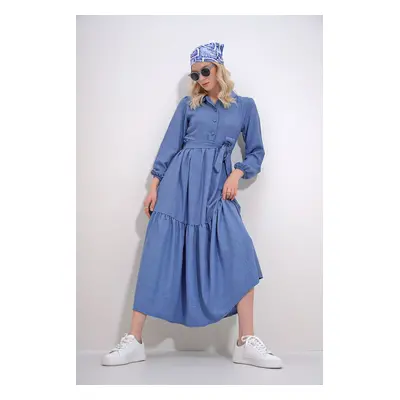 Trend Alaçatı Stili Women's Aviator Blue Buttoned Front Skirt Flounced Flamed Linen Maxiboy Dres