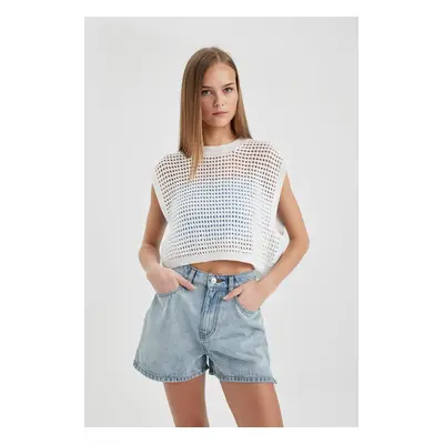 DEFACTO Crop Knit Patterned Cotton Crochet Sweater