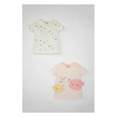 DEFACTO Baby Girl Newborn Envelope Collar Sea Printed Combed Cotton 2-Pack Short Sleeve T-Shirt