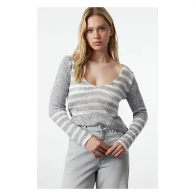 Trendyol Gray Soft Textured Loose Knit Striped Sweater