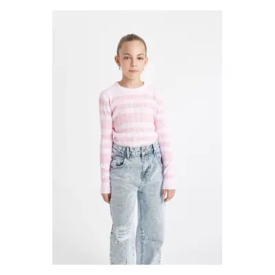 DEFACTO Girl's Pink Striped Standard Fit Crew Neck Tight Knitwear Sweater