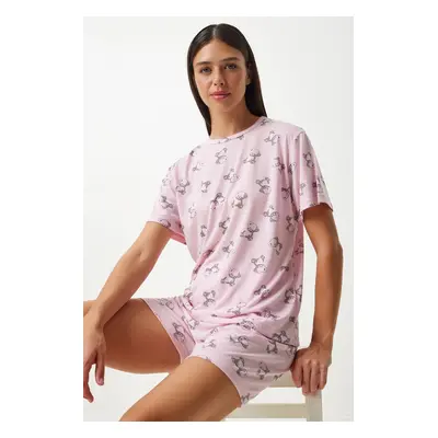 Happiness İstanbul Women's Light Pink Patterned Viscose Shorts T-Shirt Pajama Set