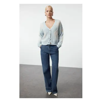 Trendyol Blue Fluffy Soft Texture V Neck Knitted Cardigan