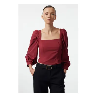 Trendyol Claret Red Balloon Sleeve Square Collar Woven Blouse