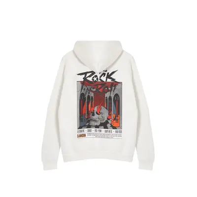 Trendyol Ecru Oversize/Wide Cut Polar Fleece Hooded Rock Printed Sweatshirt