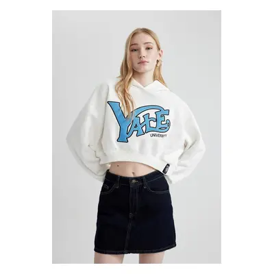 DEFACTO Cool Yale University Oversize Wide Pattern Hooded Crop Sweatshirt