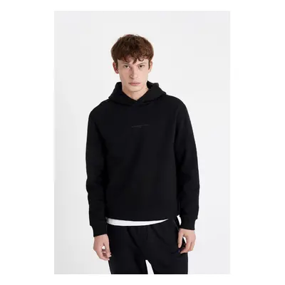 DEFACTO Black Regular Fit Hooded Text Printed Sweatshirt