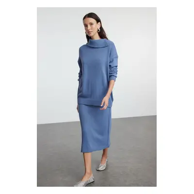 Trendyol Indigo Wide Pattern Turtleneck Knitwear Bottom-Top Set