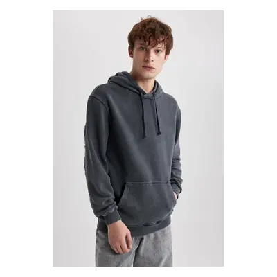 DEFACTO Black Regular Fit Hooded Washed Faded Effect Kangaroo Pocket Sweatshirt