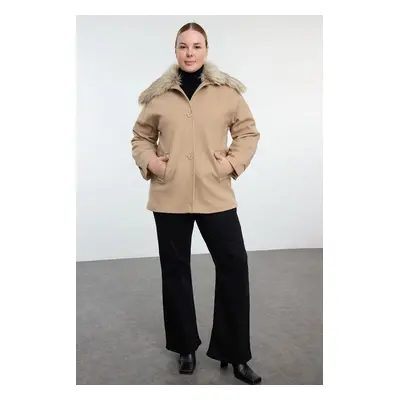 Trendyol Curve Beige Regular Fit Coat with Fur Detail on Collar