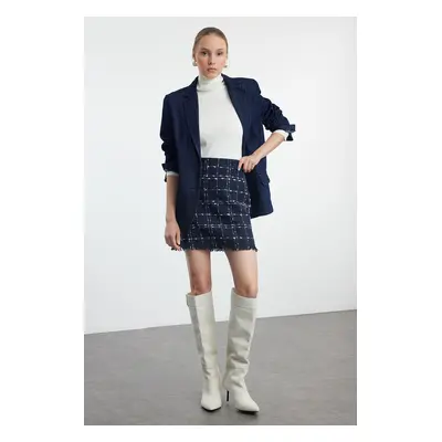 Trendyol Navy Blue Plaid Tweed Fabric Mini Woven Skirt