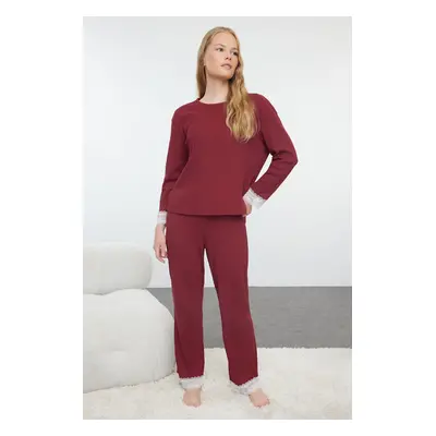 Trendyol Burgundy Ribbon/Bow and Lace Detailed Ribbed Knitted Pajama Set