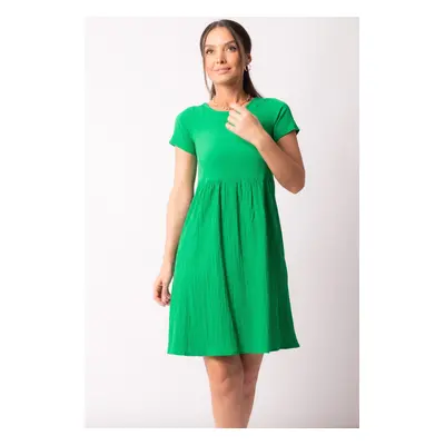 armonika Women's Green Low-cut Back Elastic Detailed Short Sleeve Dress