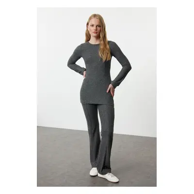 Trendyol Anthracite Soft Long Sleeve Crew Neck Blouse and Trousers Flexible Knitted Top-Bottom S