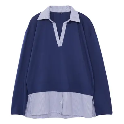 Trendyol Navy Blue Striped Poplin Detailed Polo Neck Relaxed/Casual Cut Knitted Blouse