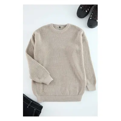 Trendyol Stone Oversize Crew Neck Plain Knitwear Sweater