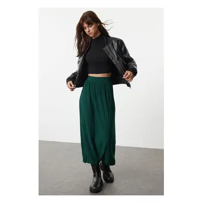 Trendyol Emerald Green High Waist Pleated Stretchy Maxi Knitted Skirt