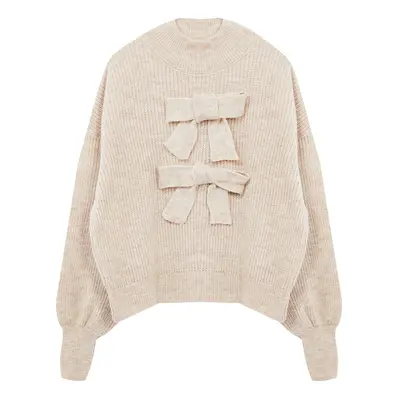 Trendyol Limited Edition Beige Wide Pattern Soft Texture Ribbon/Bow Detailed Knitwear Sweater