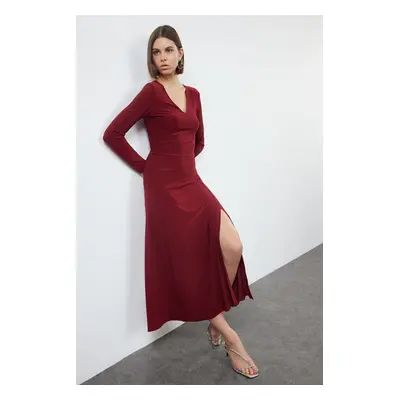 Trendyol Burgundy Straight V-Neck Skirt Flounced Skater/Flexible Maxi Knitted Dress