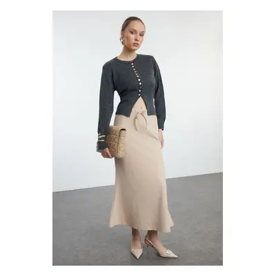 Trendyol Beige Thessaloniki Fabric Fish Form Lace Detailed Maxi Knitted Skirt