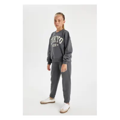 DEFACTO Girl 2-Piece Set Printed Crew Neck Sweatshirt Top Elastic Waist Jogger Tracksuit Bottoms